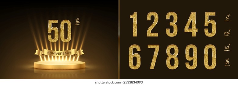 Anniversary gold award podium with glittering numbers set template. Celebration birthday or jubilee golden vector background. Luxury stage with glowing rays, number 50, ribbon with text anniversary.