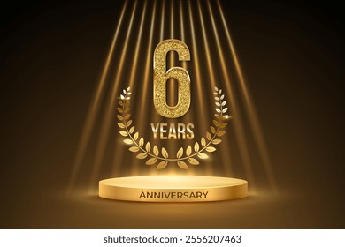 Anniversary gold award podium with glittering number 6. Six years celebration birthday or jubilee golden vector background. Luxury stage with laurel wreath and glowing rays on black.