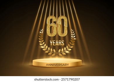 Anniversary gold award podium with glittering number 60. Sixty years celebration birthday or jubilee golden vector background. Luxury stage with laurel wreath and glowing rays on black.