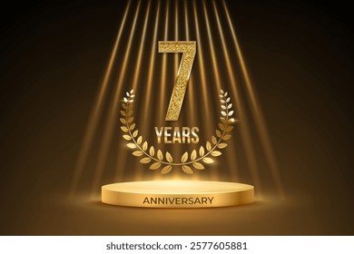 Anniversary gold award podium with glittering number 7. Seven years celebration birthday or jubilee golden vector background. Luxury stage with laurel wreath and glowing rays on black.