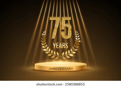 Anniversary gold award podium with glittering number 75. Seventy five years celebration birthday or jubilee golden vector background. Luxury stage with laurel wreath and glowing rays on black.