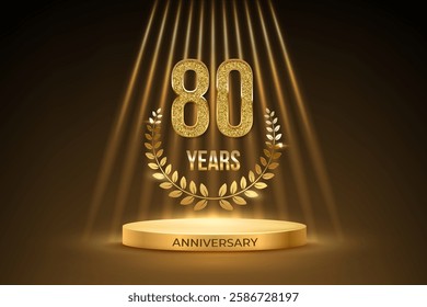 Anniversary gold award podium with glittering number 80. Eighty years celebration birthday or jubilee golden vector background. Luxury stage with laurel wreath and glowing rays on black.