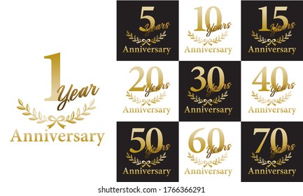 Anniversary gold logo design material with laurel wreath and laurel motif. 1st, 5th, 10th to 70th anniversary