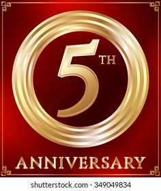 Anniversary gold ring logo number 5. Anniversary card. Red background. Vector illustration.
