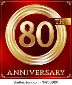 Anniversary gold ring logo number 80. Anniversary card. Red background. Vector illustration.