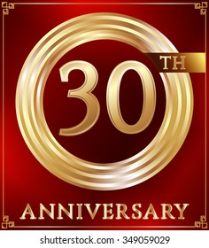Anniversary gold ring logo number 30. Anniversary card. Red background. Vector illustration.