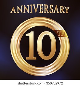 Anniversary gold ring logo number 10. Anniversary card. Blue background. Vector illustration.