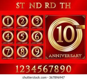 Anniversary gold ring logo with numbers. Set of anniversary cards with ribbon on red background. Vector illustration.