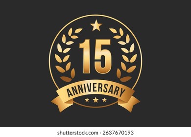 Anniversary golden badges template design. Laurel wreath logo celebration 15th years.