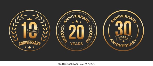 Anniversary golden badges template design. Laurel wreath logo celebration 10th, 20th, 30th years.