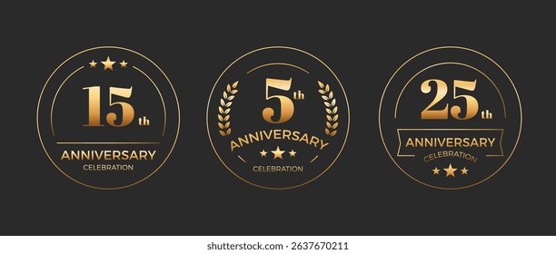 Anniversary golden badges template design. Laurel wreath logo celebration 15th, 5th, 25th years.