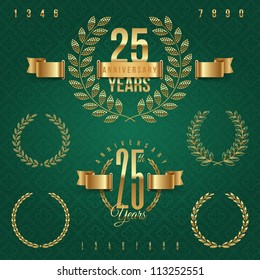 Anniversary golden emblems and decorative elements - vector illustration (green background - seamless)