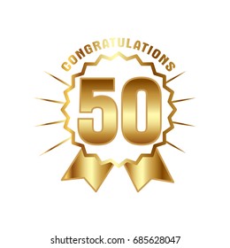 Anniversary golden fifty years number. 50th years festive Logo and greeting with sunburst for invitation decor. Flat style vector illustration isolated on white background. Gold badge with ribbon