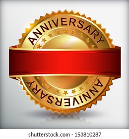 Anniversary golden label with ribbon.  Vector eps 10 illustration.