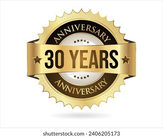 Anniversary golden label with ribbon vector illustration