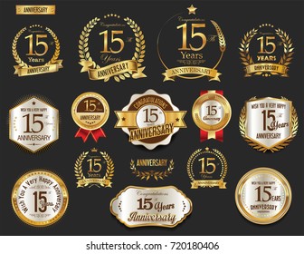 Anniversary golden laurel wreath and badges 15 years vector collection