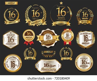 Anniversary golden laurel wreath and badges 16 years vector collection