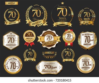 Anniversary golden laurel wreath and badges 70 years vector collection