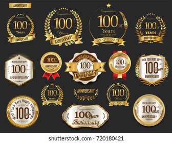 Anniversary golden laurel wreath and badges 100 years vector collection