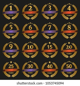 Anniversary golden laurel wreath set on black background. Vector illustration