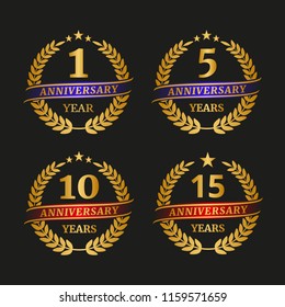 Anniversary golden laurel wreath set on black background. Vector illustration