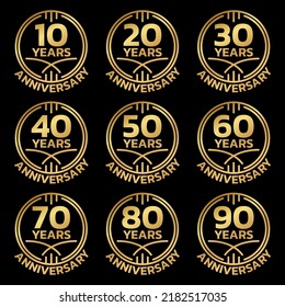 Anniversary golden logo or icon set. 10,20,30,40,50,60,70,80,90 years round stamp collection. Birthday celebrating, jubilee circle badge or label templates. Vector illustration.