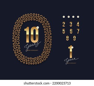 Anniversary golden logo with realistic 3d golden frame. There is additional elements for compilation any dates. Vector illustration.