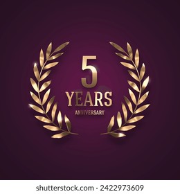 Anniversary golden logo with realistic 3d golden laurel wreath. Vector illustration.
