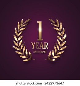 Anniversary golden logo with realistic 3d golden laurel wreath. Vector illustration.