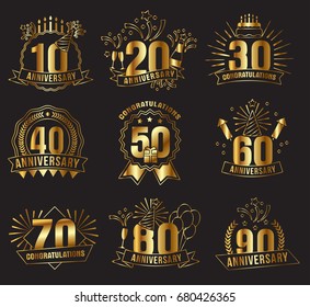 Anniversary golden numbers set. Festive compositions and greeting, with firework and stars for poster and card decor. Flat style vector illustration isolated on black background. Gold badges with