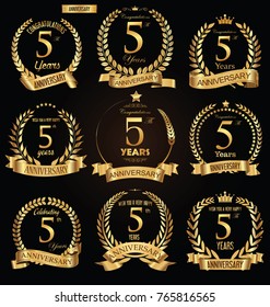 Anniversary golden retro laurel wreath vector illustration collection