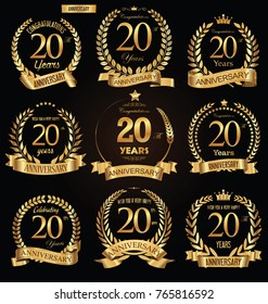 Anniversary golden retro laurel wreath vector illustration collection