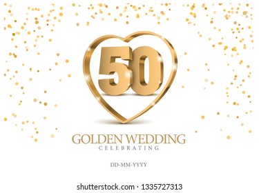 Anniversary golden wedding 50 years married. gold 3d numbers in heart. Poster template for Celebrating 50th anniversary event party. Vector illustration svg