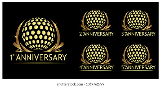 Anniversary golf logo. Set of gold icons isolated on black