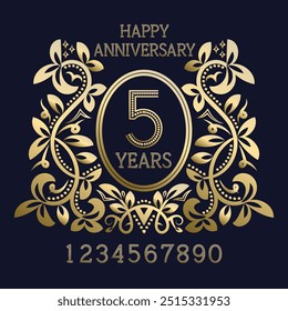 Anniversary greeting card with golden ornate numbers. Happy Anniversary text and floral wreath. Vector set for designer.
