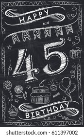 Anniversary Happy Birthday Card Design on Chalkboard. 45 Years