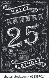 Anniversary Happy Birthday Card Design on Chalkboard. 25 Years