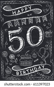 Anniversary Happy Birthday Card Design on Chalkboard. 50 Years