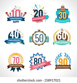 Anniversary happy holiday festive celebration emblems set with ribbons isolated vector illustration