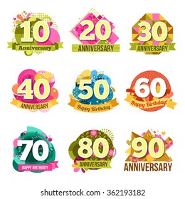 Anniversary holiday festive celebration emblems set with ribbons and good wishes isolated vector illustration