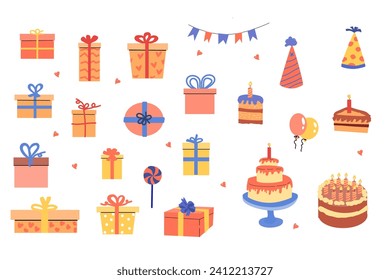 anniversary and holiday set of box, cake and balls. Vector illustration isolated