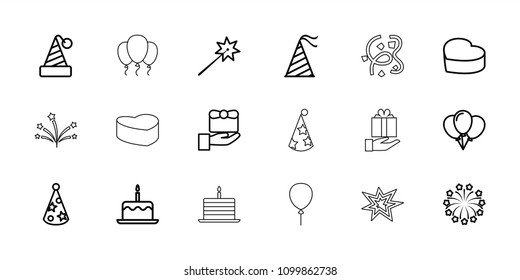 Anniversary icon. collection of 18 anniversary outline icons such as cake with one candle, gift, sparklers, party hat, balloon. editable anniversary icons for web and mobile.