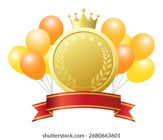 Ícone de Aniversário. Quadro decorativo com uma medalha, fita vermelha e balões. Ilustração vetorial em um fundo branco.