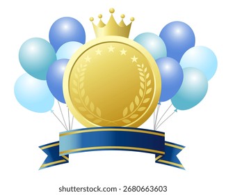 Icono de aniversario. Marco decorativo con una medalla, cinta azul y globos. Ilustración vectorial sobre fondo blanco.