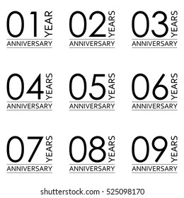 Anniversary icon or label set. 1,2,3,4,5,6,7,8,9 th years celebration and congratulation emblem. Vector illustration.