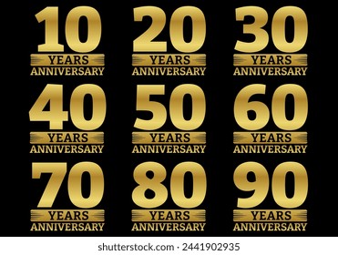 Anniversary icon or logo set. 10, 20, 30, 40, 50, 60, 70, 80, 90 years celebration. Birthday celebrating, invitation, jubilee design element. Vector illustration.