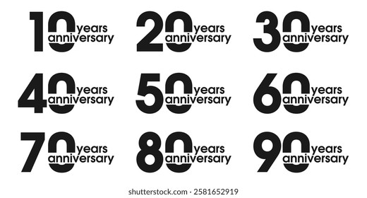 Anniversary icon or logo set. 10, 20, 30, 40, 50, 60, 70, 80, 90 years. Birthday celebrating, invitation, jubilee design element. Vector illustration.