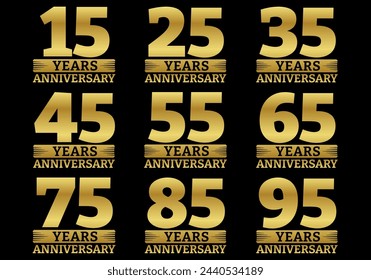 Anniversary icon or logo set. 15, 25, 35, 45, 55, 65, 75, 85, 95 years celebration. Birthday celebrating, invitation, jubilee design element. Vector illustration. svg