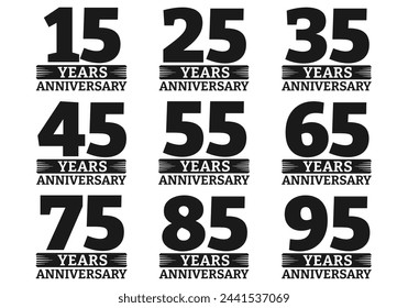 Anniversary icon or logo set. 15, 25, 35, 45, 55, 65, 75, 85, 95 years. Birthday celebrating, invitation, jubilee design element. Vector illustration. svg