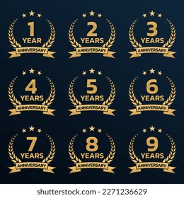 Anniversary icon or logo set with laurel wreath. 1, 2, 3, 4, 5, 6, 7, 8, 9 years jubilee, birthday golden badge, label or emblem. Celebration design element. Vector illustration.